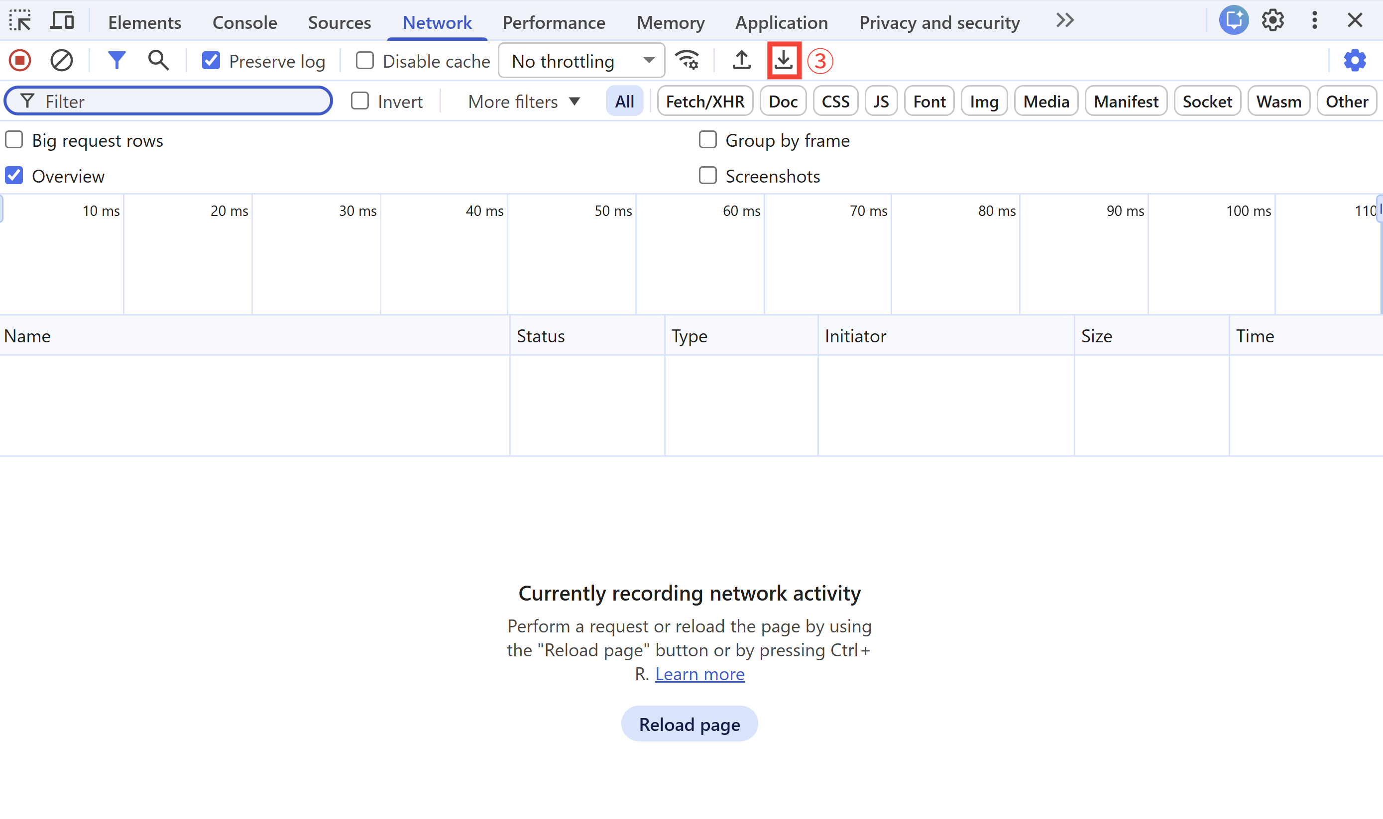 Google Chromeのディベロッパーツールのスクリーンショット。「現象の再現と保存」手順でクリックする箇所が赤枠で強調されている