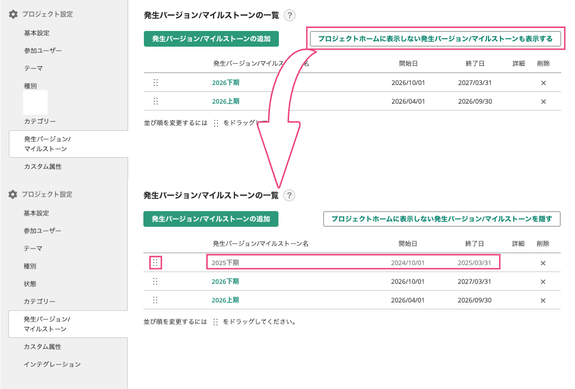Backlogのプロジェクト設定>発生バージョン/マイルストーンの一覧画面のスクリーンショット。「プロジェクトホームに表示しない発生バージョン/マイルストーンを表示する」をクリックした後の画面が表示されている。