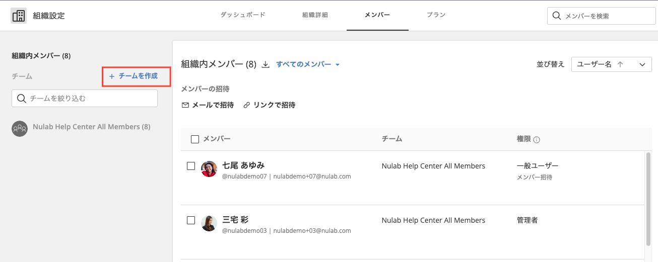 組織設定のメンバー画面で「＋チームを作成」が赤枠で強調されている。