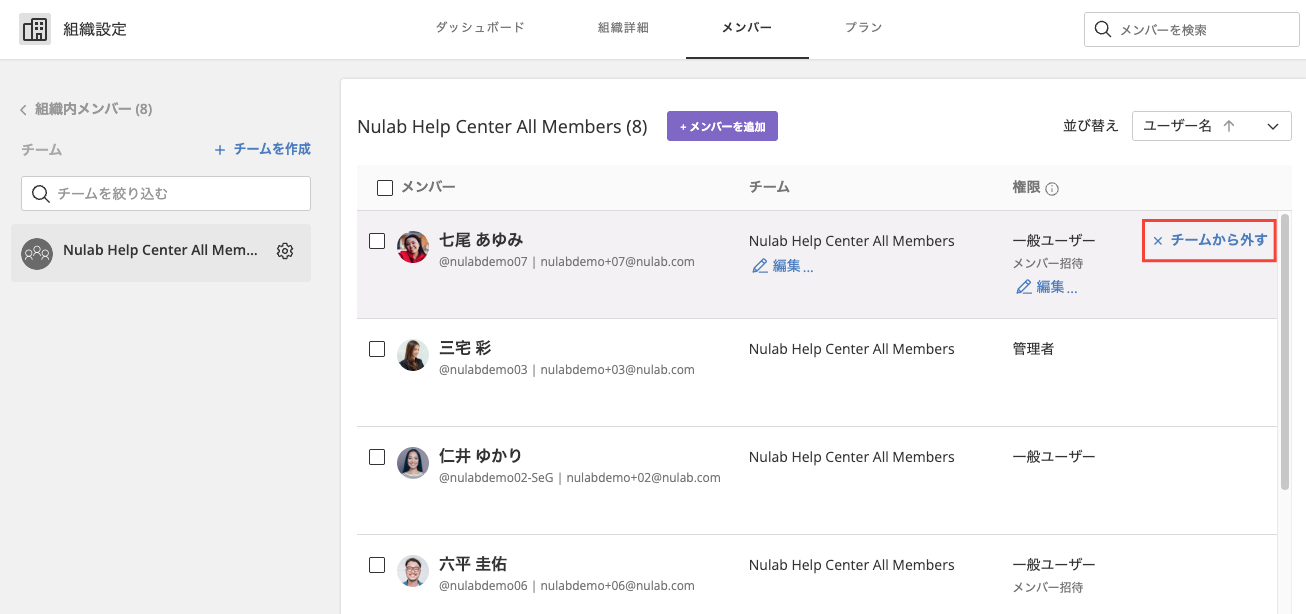 組織設定のメンバー画面で「チームから外す」項目が赤枠で強調されている。