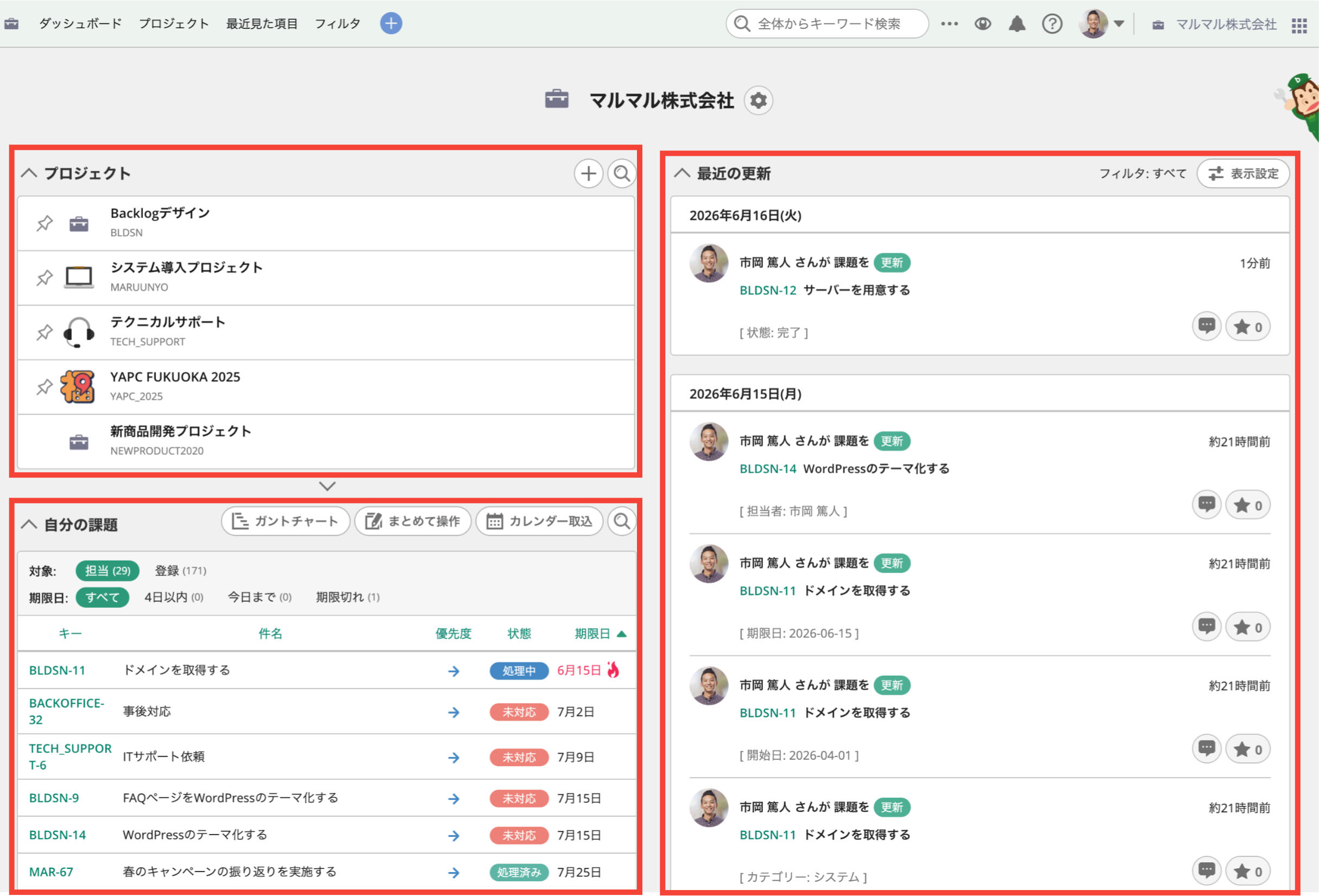 Backlogのダッシュボードの全体画面を表示した状態のスクリーンショット